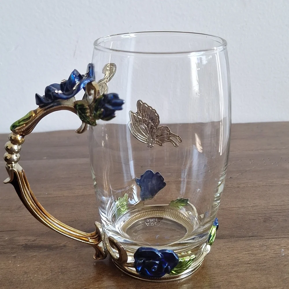 ​Enamel Blue Rose & Butterfly Glass Tea Mug | Vintage Style Floral Coffee Cup